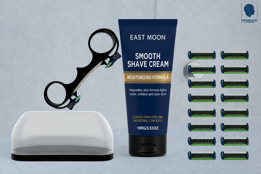 twinshaver Ultimate Set: twinshaver + 20 blades + twinCase +East Moon Moisturizing Shave Cream